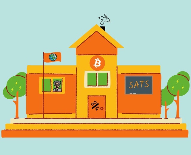 Illustrierte Schule mit Bitcoin-Symbol, Lehrkraft und der Aufschrift Sats